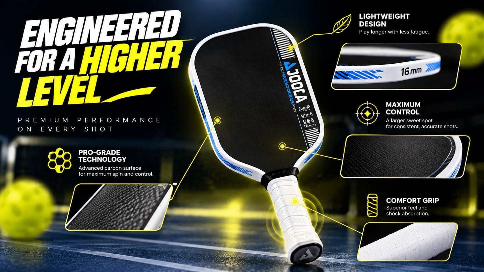 JOOLA Pro IV paddle with close-ups of its edge guard, carbon surface and grip